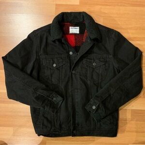Men's Flannel Sherpa Black Denim Trucker Jacket